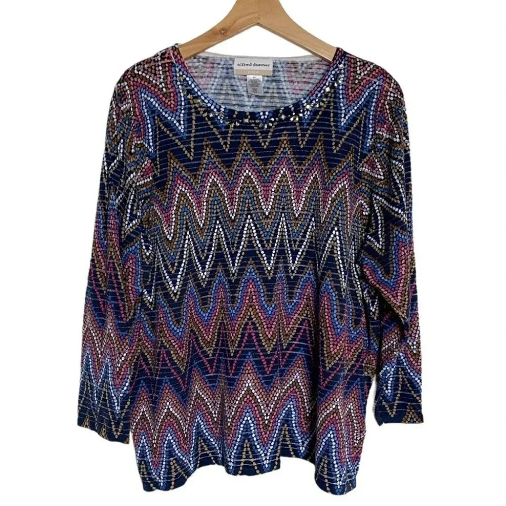 Alfred Dunner‎ Knit Top 2X Blue Chevron Embellished Neckline 3/4 Sleeve Pullover